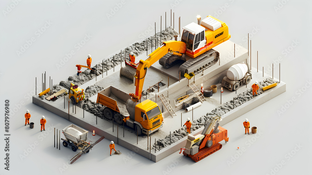 Isometric 3D Flat Icon of Construction Crew Pouring Concrete for Building Foundation - Ensuring Stable Base for Development Project Isometric 3D Flat Icon of Construction Crew Pouring Concrete for Building Foundation - Ensuring Stable Base for Development Project