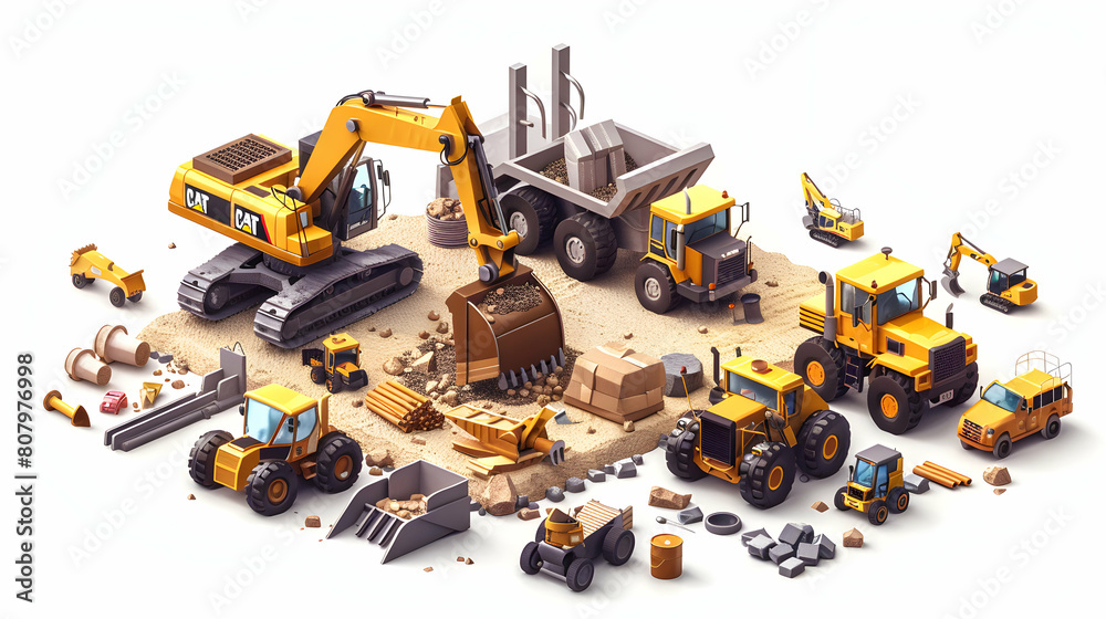 Isometric Construction Machinery at Work: 3D Flat Icons Demonstrating Equipment's Role in Land Development Isometric Construction Machinery at Work: 3D Flat Icons Demonstrating Equipment's Role in Land Development