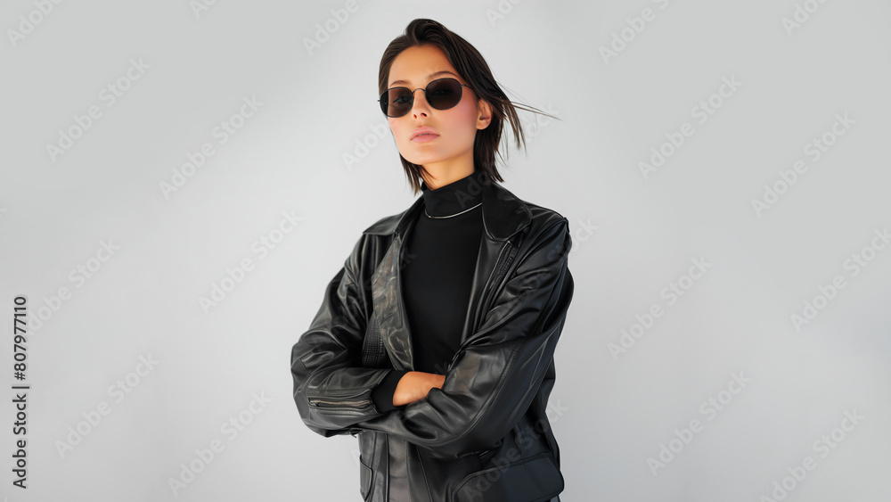fashion female model in black sunglasses and jacket, isolated on white, in the style of futuristic and cyberpunk fashion female model in black sunglasses and jacket, isolated on white, in the style of futuristic and cyberpunk