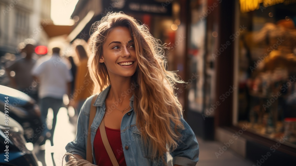 A young woman happily shopping 