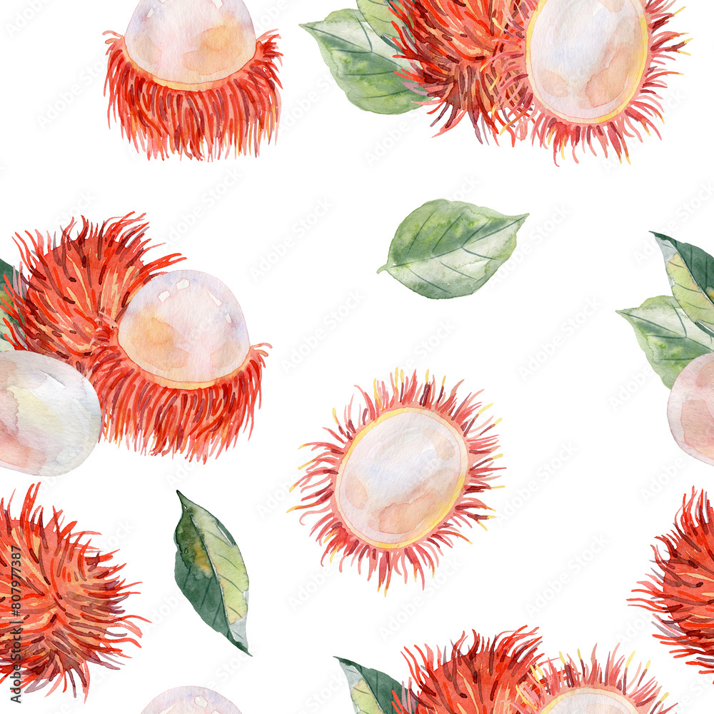 Fototapeta premium Seamless pattern. Hand Drawn Watercolor rambutan Fruit illustration.