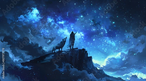 A digital illustration of a cloaked person and a wolf standing on a mountain peak, stargazing at a glowing night sky full of constellations and cosmic wonder.