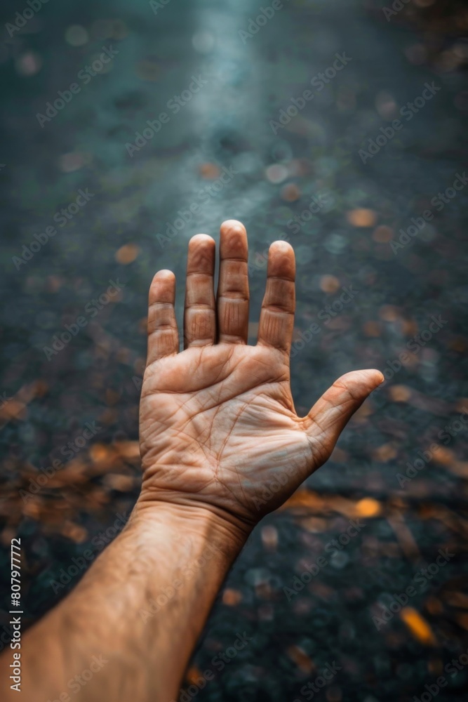 A hand reaching out to touch a leaf on the ground, AI A hand reaching out to touch a leaf on the ground, AI
