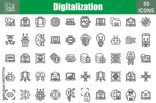 Digitalisatioz icon set. Containing Digital,Business Growth,Touch Id,Laptop,Online Business,Smart Glasses,Process,Smart Factory,Company,Search, Voting Folder Tape and more. Vector web icons collection