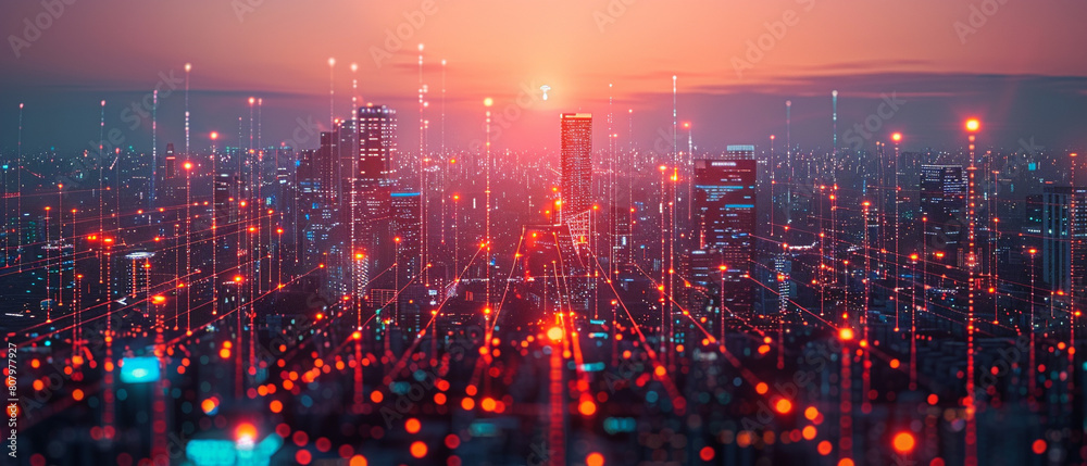 A conceptual image of a smart city using smart technology applications, with IoT devices efficiently managing urban services and infrastructure A conceptual image of a smart city using smart technology applications, with IoT devices efficiently managing urban services and infrastructure