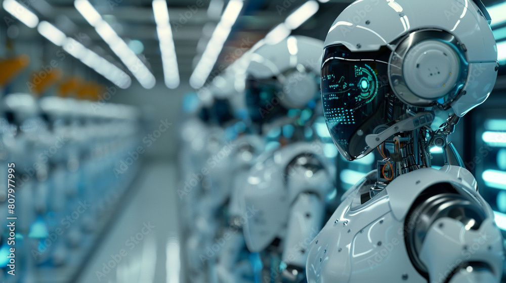 Fototapeta premium AI development lab with robots and scientists, holograms and futuristic user interfaces, a hub of automation and intelligence