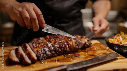 A chef expertly slicing succulent char siu pork for a classic Chinese dish photo