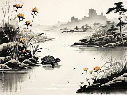 A turtle walk to rive landscape in traditional oriental painting style photo