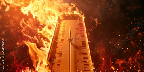 Thermometer on FireA thermometer with the mercury reaching extremely high temperatures, bordering on the edge of the scale