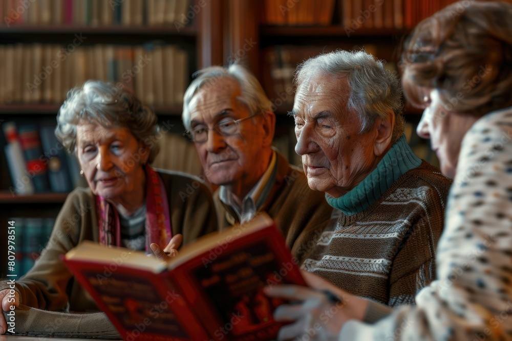 Book Club Discussion A group of elderly friends engaged in a lively book club discussion, keeping their minds active and social Book Club Discussion A group of elderly friends engaged in a lively book club discussion, keeping their minds active and social