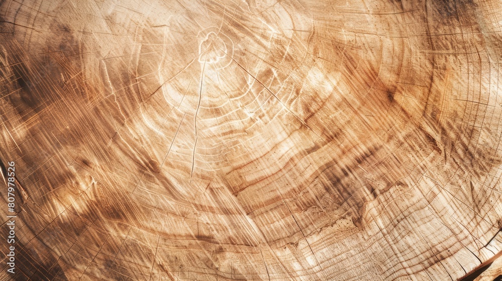 Naklejka premium Close-up view of a tree trunk cross-section showing growth rings and natural wood grain texture. Brown and beige tones provide a rustic background with space for text.