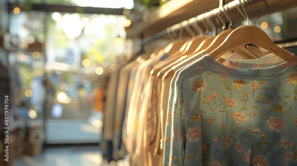 Wooden hangers holding shirts and blouses. A rack of chic, casual items in soft colors is displayed. The light from large windows creates a warm atmosphere. Wooden hangers holding shirts and blouses. A rack of chic, casual items in soft colors is displayed. The light from large windows creates a warm atmosphere.