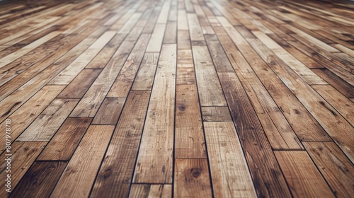 Perspective view of a hardwood floor with natural warm brown tones and textured grain patterns. Rustic wooden floor planks creating an abstract pattern with space for text.