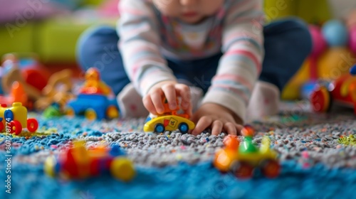 A young child playing with toy cars on a carpeted floor, AI