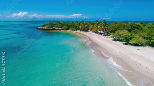 A stunning aerial view of a pristine tropical beach with crystal-clear turquoise waters, white sands, and lush palm trees.