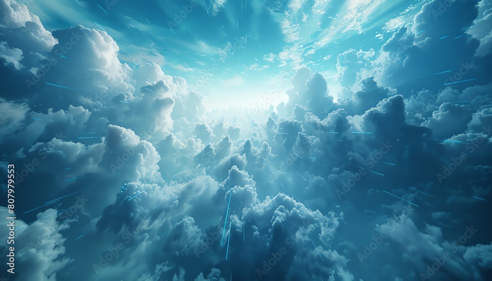 Obraz premium Hightech cloudscape, wideangle, data streams weaving, softfocus, digital computing background