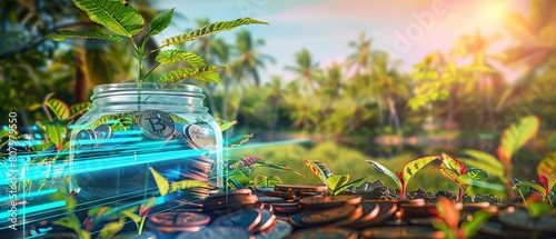 A vivid display of a glass jar packed with coins, contrasted against a lively green background, conveying growth and prosperity in personal finance photo