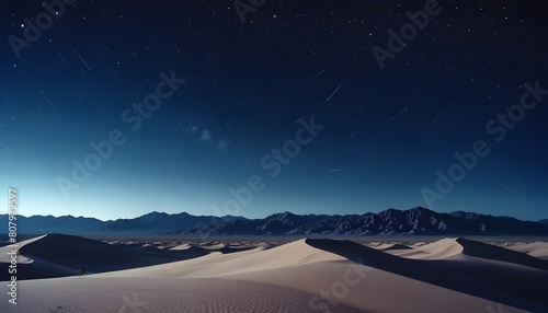 A desert landscape at night with a starry sky, the image shows sand dunes in the foreground, with mountains visible in the distance under a dark blue sky filled with twinkling