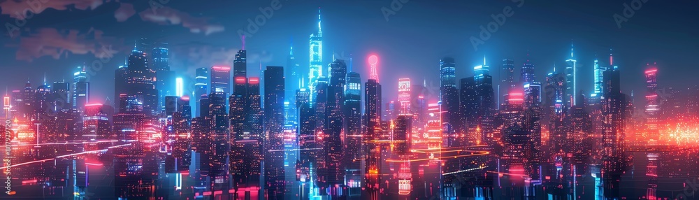 Metaverse tech skyline, panoramic view, neon streams linking buildings, dynamic smart city night
