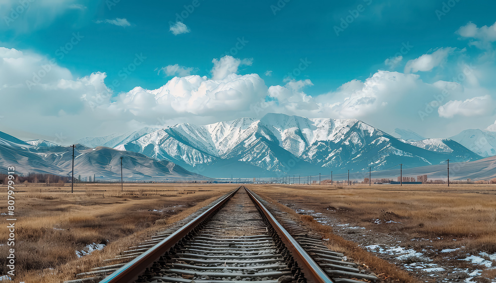 A train track runs through a snowy mountain range