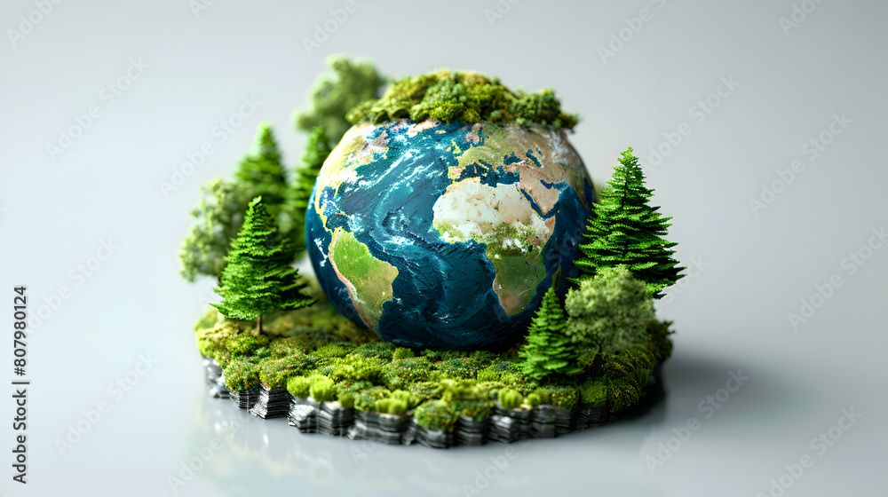 3D Flat Globe Icon Framed by Forest Canopy: Highlighting Forest Preservation and Biodiversity in Isometric Scene 3D Flat Globe Icon Framed by Forest Canopy: Highlighting Forest Preservation and Biodiversity in Isometric Scene
