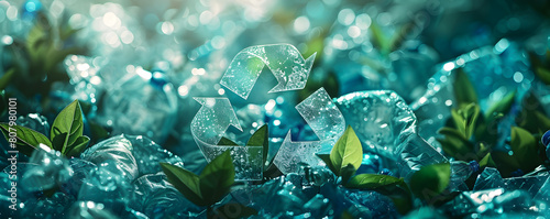 Recycling Symbol Amidst Lush Greenery Symbolizing Sustainable Environmental Solutions photo