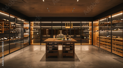 A minimalist, modern wine cellar with floor-to-ceiling, temperature-controlled glass enclosures showcasing an extensive wine collection.  photo