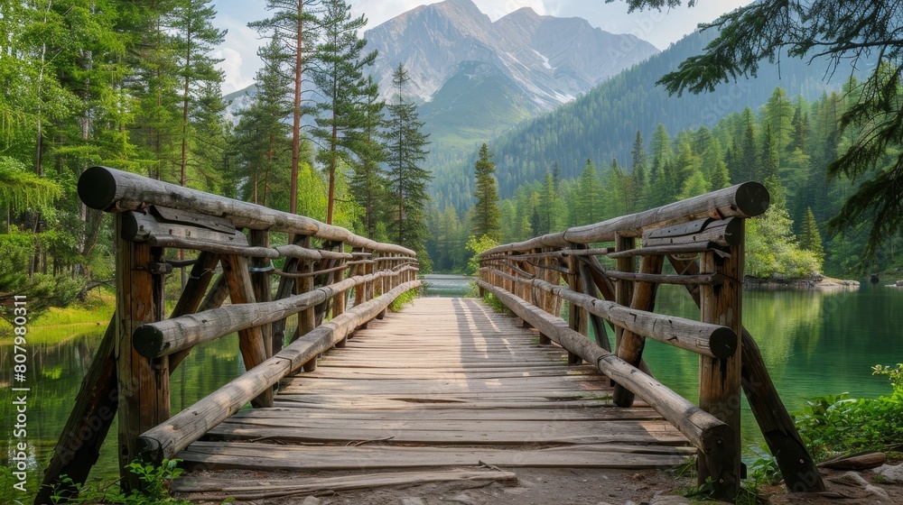 Wooden bridge over lake in the mountains 