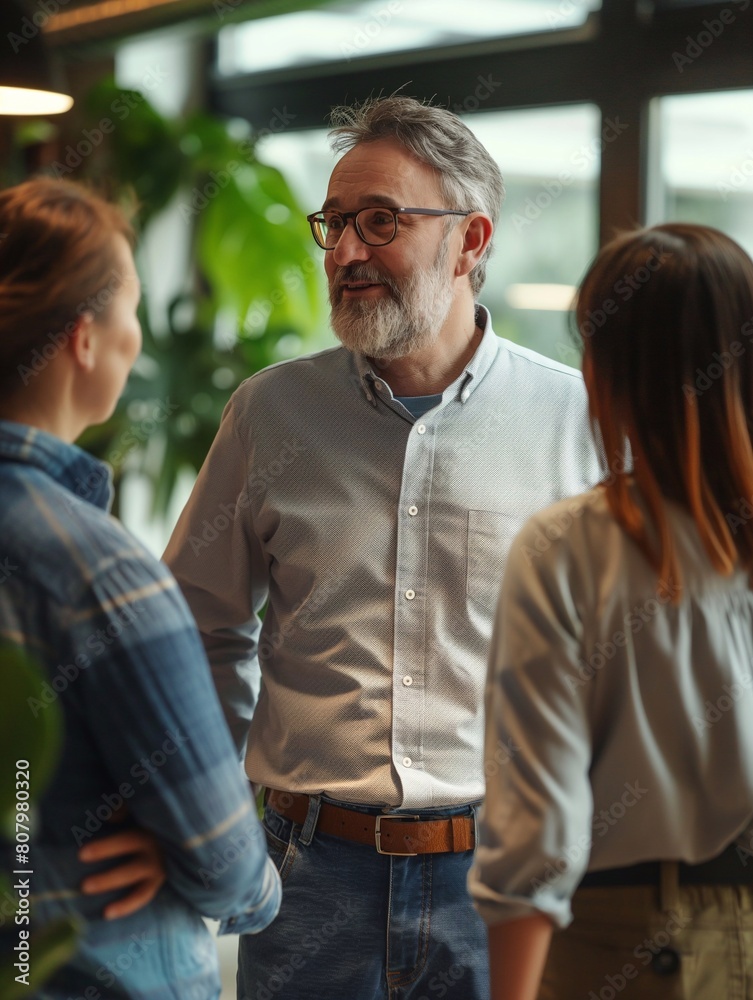 a good look business man standing in the office and talking to his team members. a positive atmosphere filled with energy and collaboration. generative AI a good look business man standing in the office and talking to his team members. a positive atmosphere filled with energy and collaboration. generative AI