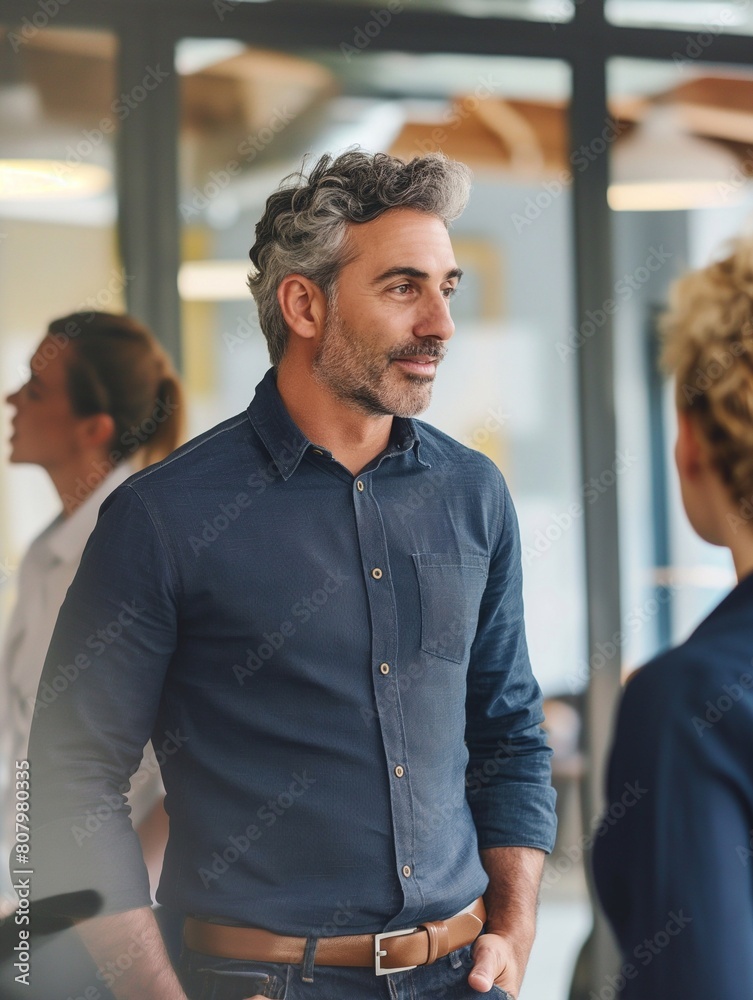a good look business man standing in the office and talking to his team members. a positive atmosphere filled with energy and collaboration. generative AI a good look business man standing in the office and talking to his team members. a positive atmosphere filled with energy and collaboration. generative AI