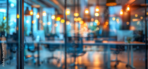 Wallpaper Mural Empty, night and blur modern office with glass wall for vacant workspace, desolate area and spacious layout for work. Industrial architecture, interior design and deserted workplace and law firm. Torontodigital.ca