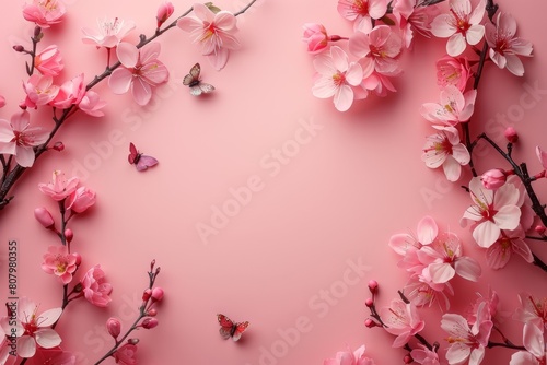 Minimalist Spring Theme with Geometric Cherry Blossoms and Butterflies Border