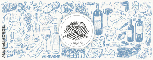 Vector wine illustration. Wine bottle, glass, snack, cheese, bread, cork, corkscrew, vine, winery, vineyard.