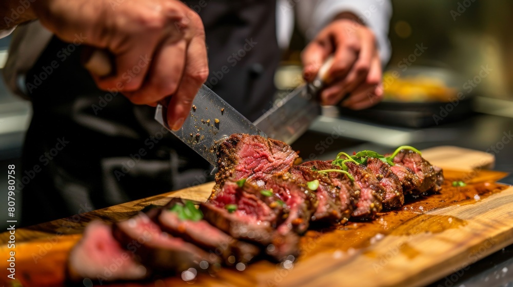 A chef slicing steak for plating, demonstrating precision in culinary presentation