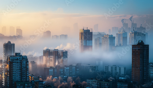 A city skyline is shown with a hazy, foggy atmosphere