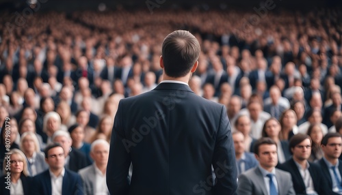A man in a suit standing in front of a crowd at a conference photo