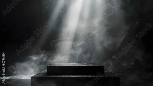 Creating a dramatic and empty setting with a dark podium on a smoky background spotlight. Concept Dark Podium, Smoky Background, Spotlight, Dramatic Setting, Empty Stage