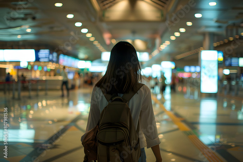 Woman traveler looking at airport flight information. Shallow field of view.