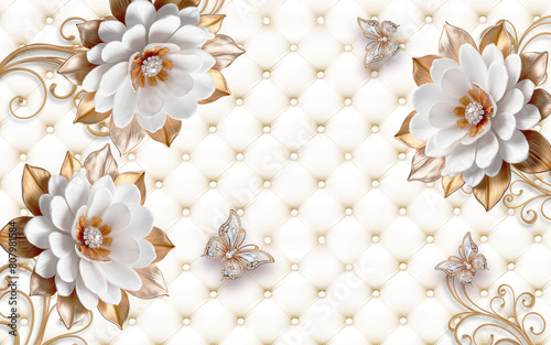  3D flowers Wallpaper with butterflies on a textured background  suitable for wall   panels  curtains   Wall art ..
