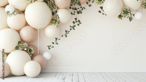 A minimalist yet enchanting balloon wall, featuring oversized balloons in cream and soft taupe, adorned with sprigs of realistic hellebores and ivy, photo