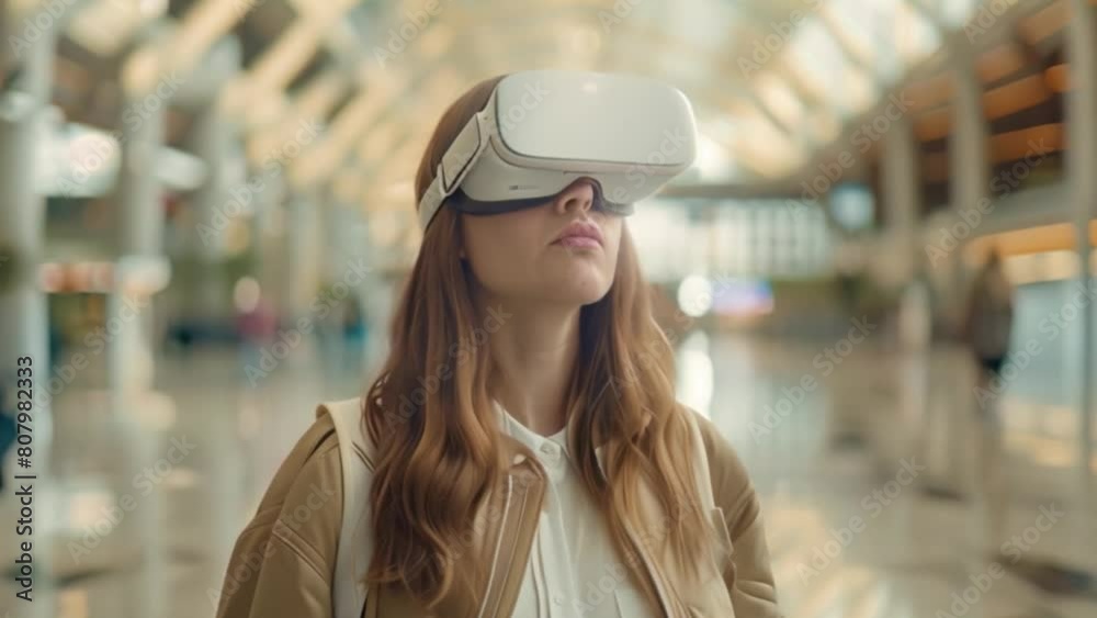 A woman stands in a busy airport terminal, exploring a virtual world through a VR headset. A woman stands in a busy airport terminal, exploring a virtual world through a VR headset.