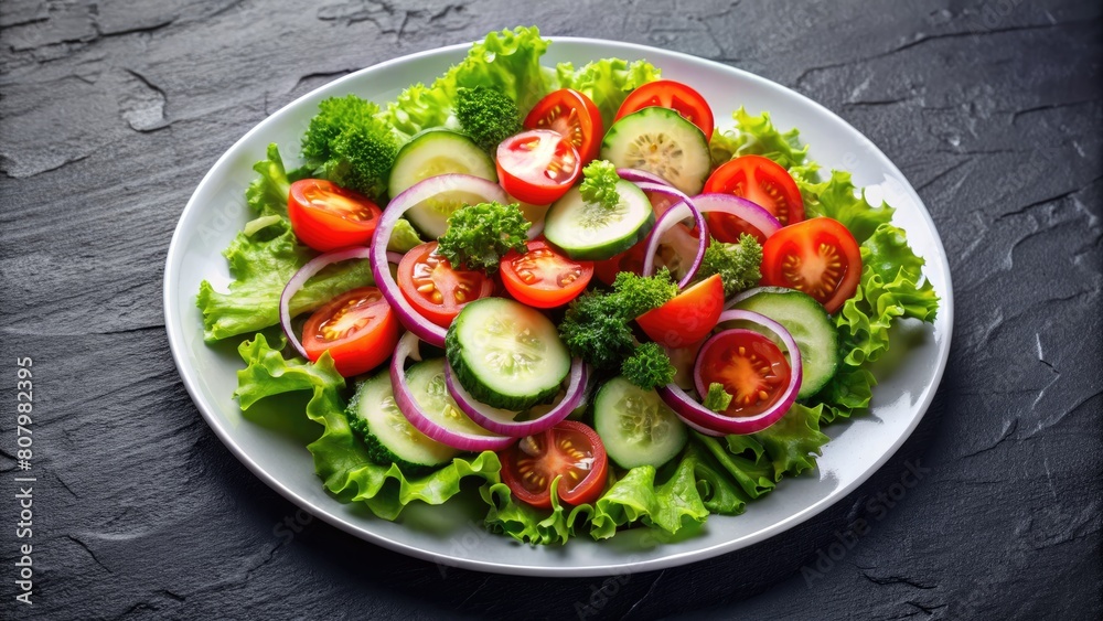 Fresh vegetable salad with tomatoes, cucumber, onion and parsley