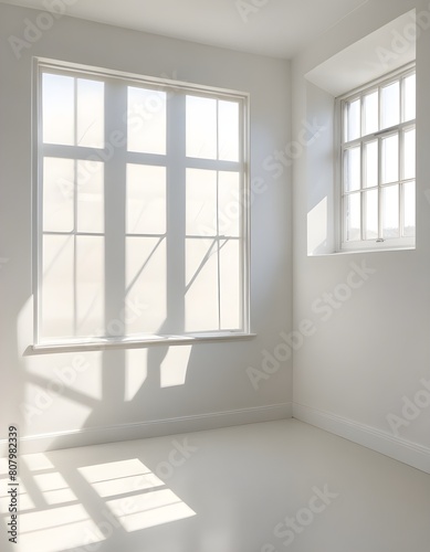 A bright  airy room with a large window letting in natural light  casting shadows on the plain white walls