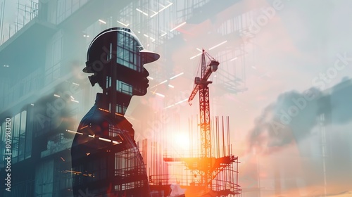 Future building construction project concept with double exposure graphic design. Construction engineer, architect or construction worker working with futuristic modern civil engineering equipment.