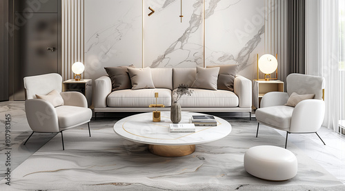 The simplicity and minimalism of this living room are complemented by luxurious elements  such as marble tables and gold accents  which add elegance and modern chic to the interior.