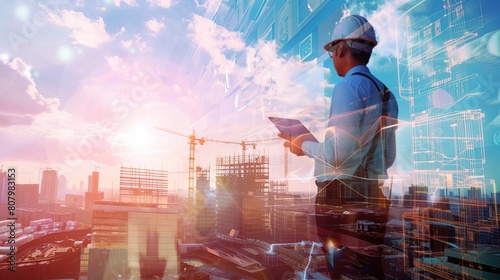 Future building construction project concept with double exposure graphic design. Construction engineer, architect or construction worker working with futuristic modern civil engineering equipment. photo