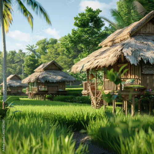 The huts at the end of the rice fields are made from natural materials and feature lush rice fields. photo
