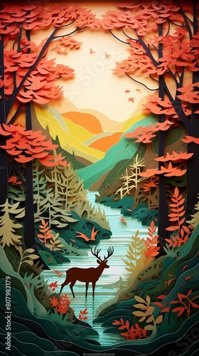 Autumn forest  green to fiery reds and oranges  seasonal shift  color gradient papercut  3D style