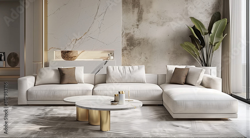 The simplicity and minimalism of this living room are complemented by luxurious elements, such as marble tables and gold accents, which add elegance and modern chic to the interior. photo