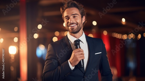 portrait of a handsome businessman delivering a presentation with a captivating smile and confident gestures. 